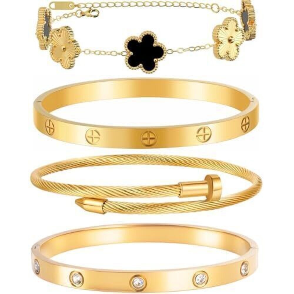 9127 Gold Bracelets -4Sets,18K Gold Plated Bracelet,Stainless Steel Bangle